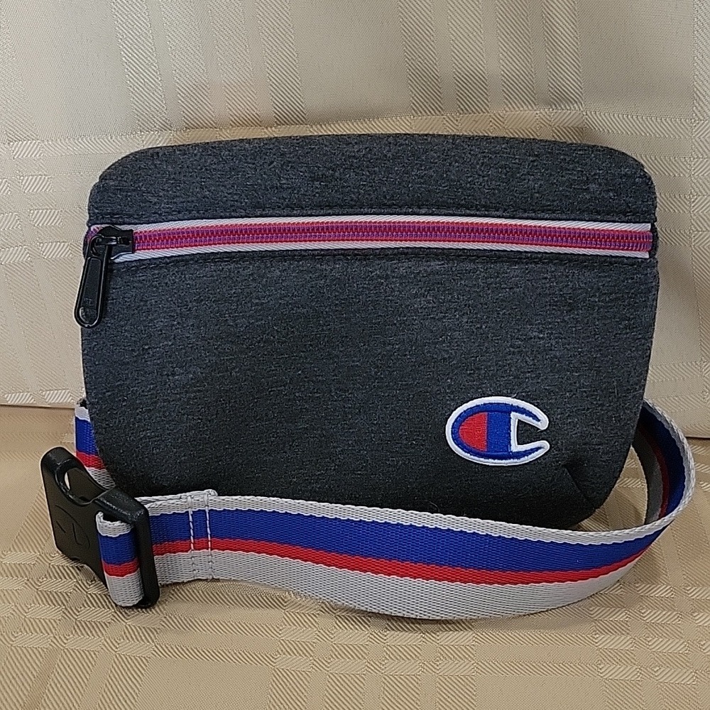 Champion Fanny Pack Unisex OS Charcoal Grey Red‎ Blue Striped Strap Waist Bag